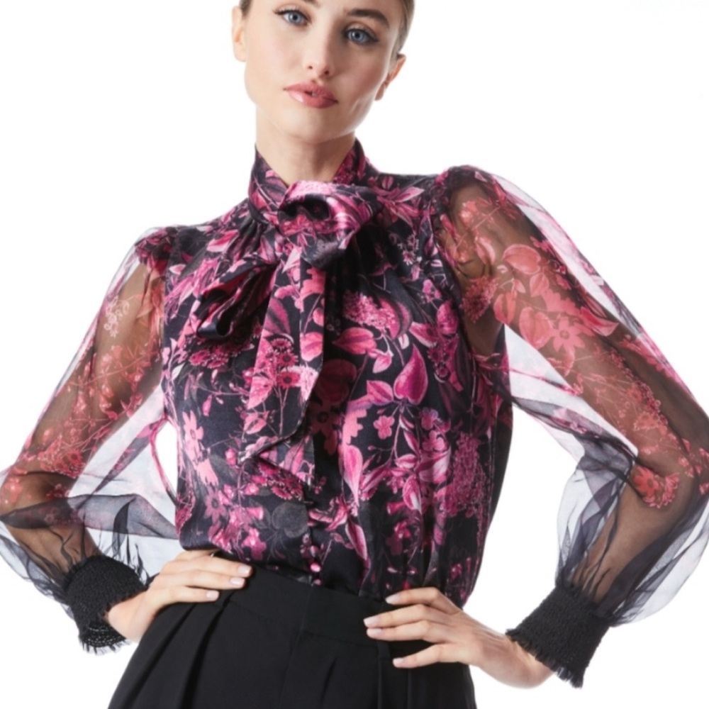 Alice + Olivia Black and Pink Sheer Floral Blouse